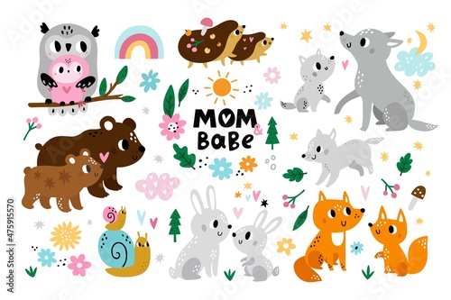 Cute parent and baby animals. Loving moms and cubs  forest animals and birds  hugging characters  wildlife mothers and kids  wild fauna families fox and bear  hedgehogs and wolves vector set