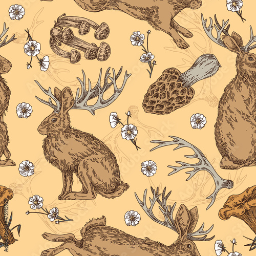 Vintаge brown seamless pattern. Jackalope with clover flowers and mushrooms. Color. Engraving style. Vector illustration. photo