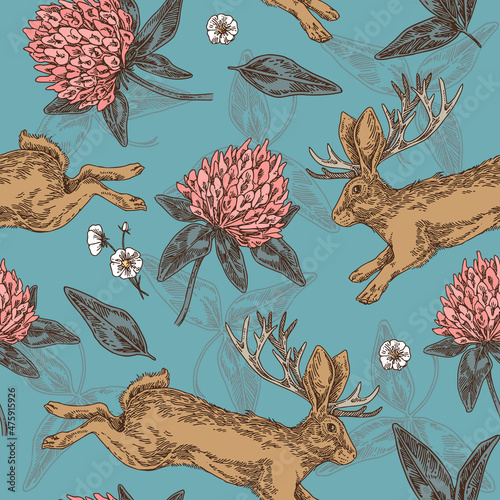 Vintаge blue seamless pattern. Jackalope with clover flowers. Color. Engraving style. Vector illustration.