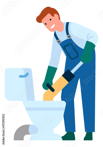 Man fixing clogged toilet. Repairman plumbing pipes