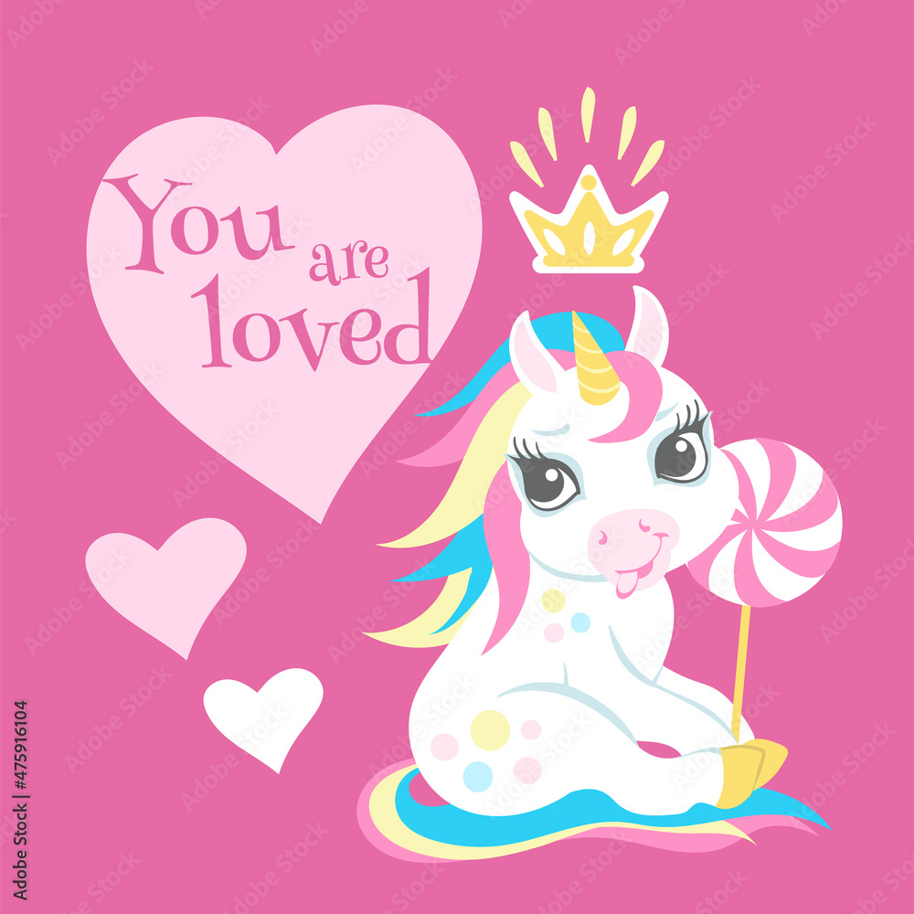 Love card with cute unicorn. Pink square poster with hearts