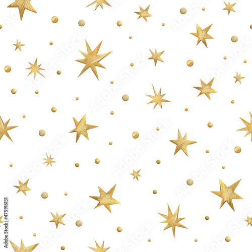 Watercolor seamless pattern with gold stars. Christmas background with hand-drawn stars. Pattern for wrapping paper  print  fabric or scrapbooking.