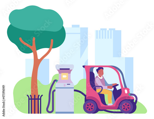 Electric car charging station. Eco city transport