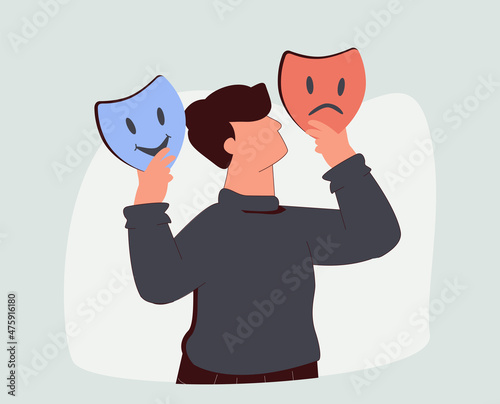 A cute cartoon actor holds two masks - sad and happy, comedy and tragedy. Theater, the Concept of changing natural personality to conform to social requirements and pressure concept. Thin line vector