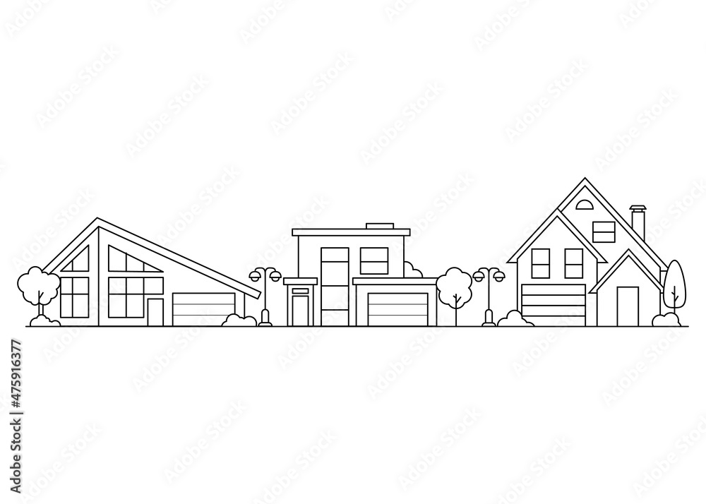 Neighborhood line art house. Isolated on white background.Outline vector illustration.
