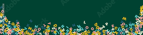 Falling letters of English language. Pastel flying words of Latin alphabet. Foreign languages study concept. Classic back to school banner on blackboard background.