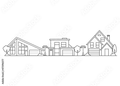 Neighborhood line art house. Isolated on white background.Outline vector illustration.