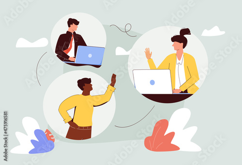 Hybrid team colleagues with distant online video call tiny person concept. Business project meeting using online messaging for distant work vector illustration. Flexible job workspace location choice. photo