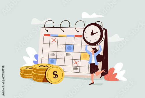 Pay Check, Salary or Payroll Concept. Tiny Businesswoman Character with Clock in Hands Stand near Golden Coins Piles and Huge Calendar Rejoice for Money Payment Earning, Cartoon Vector Illustration