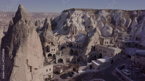 Cappadocia hotels carved from stone rock. Aerial view