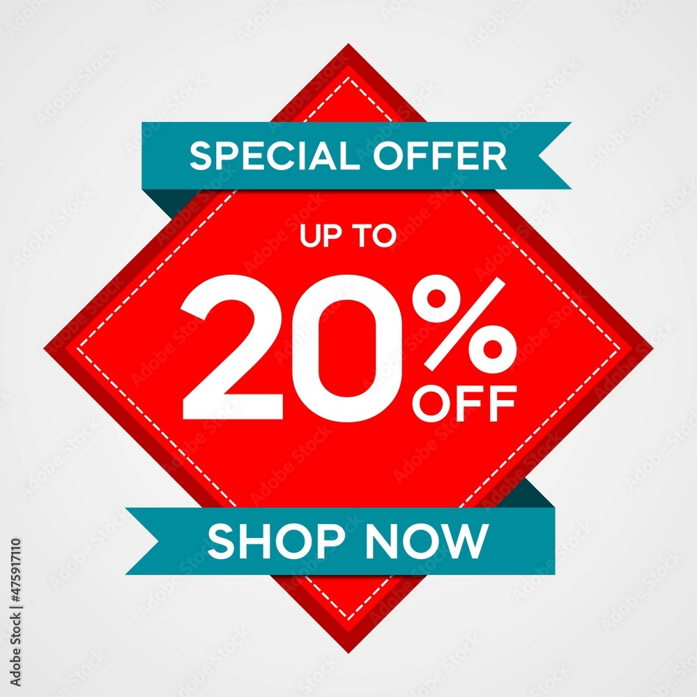 Discounts up to 20 percent, promotion label with red sticker and blue ribbon, special offers on sales promotion discounts. vector template illustration Discounts up to 20 percent, promotion label with red sticker and blue ribbon, special offers on sales promotion discounts. vector template illustration