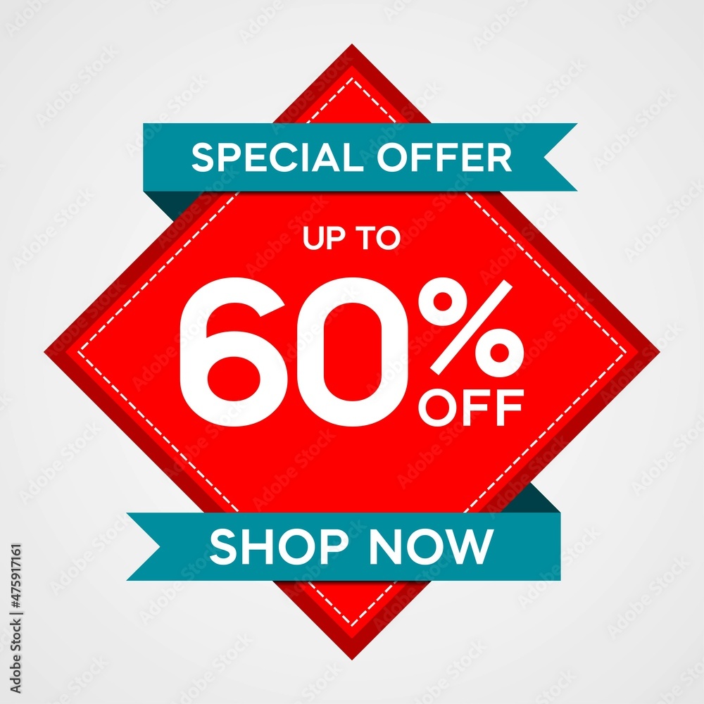 Discounts up to 60 percent, promotion label with red sticker and blue ribbon, special offers on sales promotion discounts. vector template illustration
