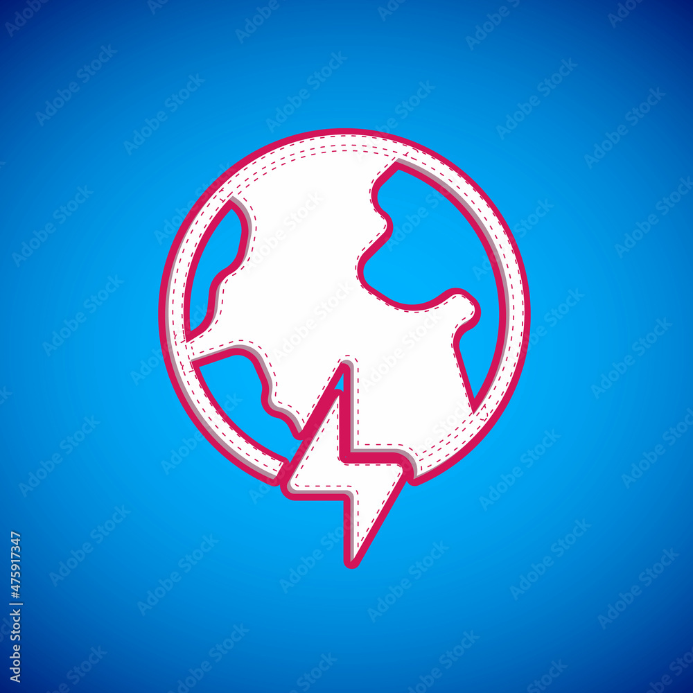 White Global energy power planet with flash thunderbolt icon isolated on blue background. Ecology concept and environmental. Vector