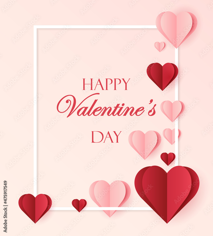 Valentines day concept background. Vector illustration. 3d red and pink paper hearts with white frame. Cute love sale banner or greeting card