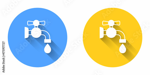 White Water tap icon isolated with long shadow background. Circle button. Vector