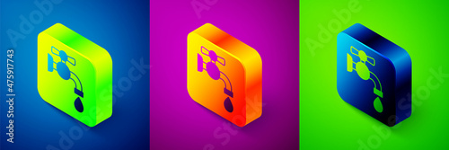 Isometric Water tap icon isolated on blue, purple and green background. Square button. Vector