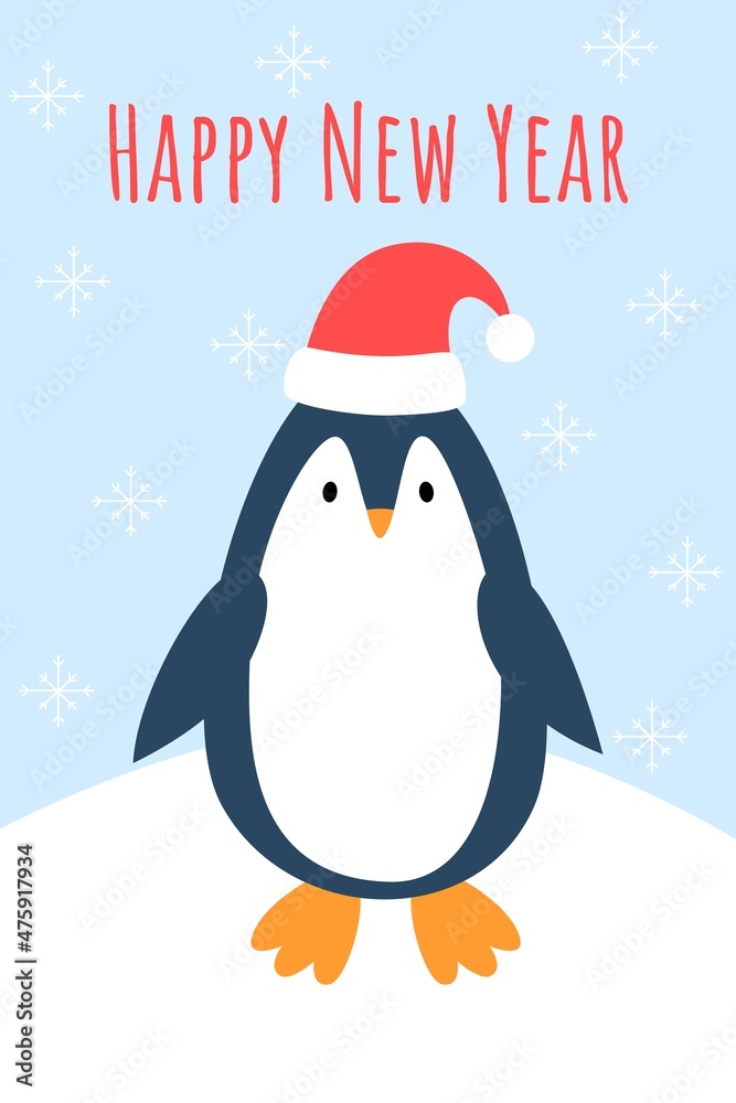 Christmas card with cute penguin. Adorable penguin in hat. Text Happy new year. Vector illustration in cartoon style.