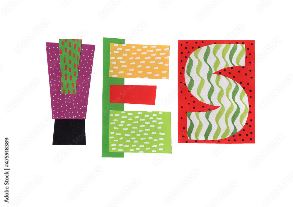 Obraz premium Lettering yes. Funny cartoon letters. Unique handwritten lettering. The letters are cut from colored paper and pasted on a white background.