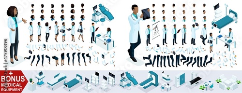 Isometric Woman and Man Doctor African American, create your 3D surgeon, sets of gestures of the feet, hands and emotions. Bonus medical equipment, set 5