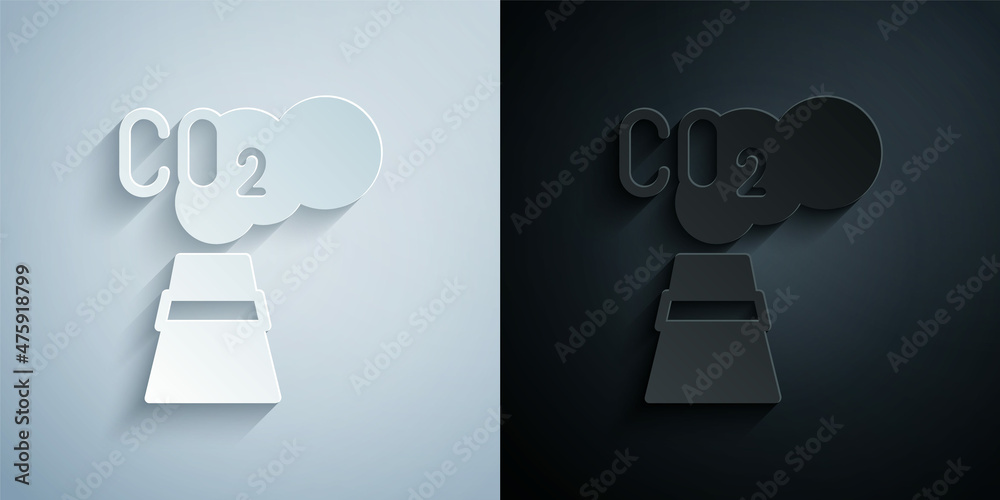 Paper cut CO2 emissions in cloud icon isolated on grey and black background. Carbon dioxide formula, smog pollution concept, environment concept. Paper art style. Vector Paper cut CO2 emissions in cloud icon isolated on grey and black background. Carbon dioxide formula, smog pollution concept, environment concept. Paper art style. Vector