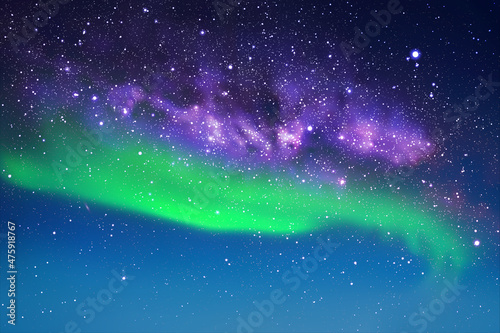 Night starry sky. Milky Way and Northern lights. Green aurora borealis
