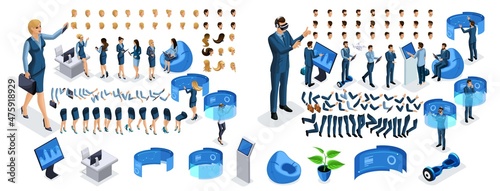 Isometric business lady and businessman with gadgets. Create your character, a set of emotions, gestures of hands, feet, hairstyles. Set 4