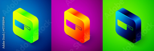 Isometric Frying pan icon isolated on blue, purple and green background. Fry or roast food symbol. Square button. Vector