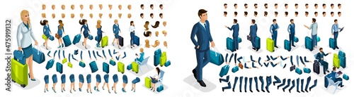 Isometric create your character, business lady and businessman at the airport. Set of gestures of hands, feet, emotions of the character, a set of different