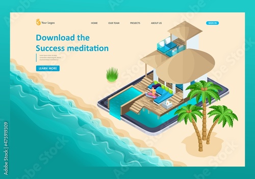 3D isometry, a girl meditates in a chic house by the sea, download meditation to attract success. High quality illustration for advertising. Landing Page Concept