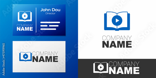 Logotype Audio book icon isolated on white background. Play button and book. Audio guide sign. Online learning concept. Logo design template element. Vector