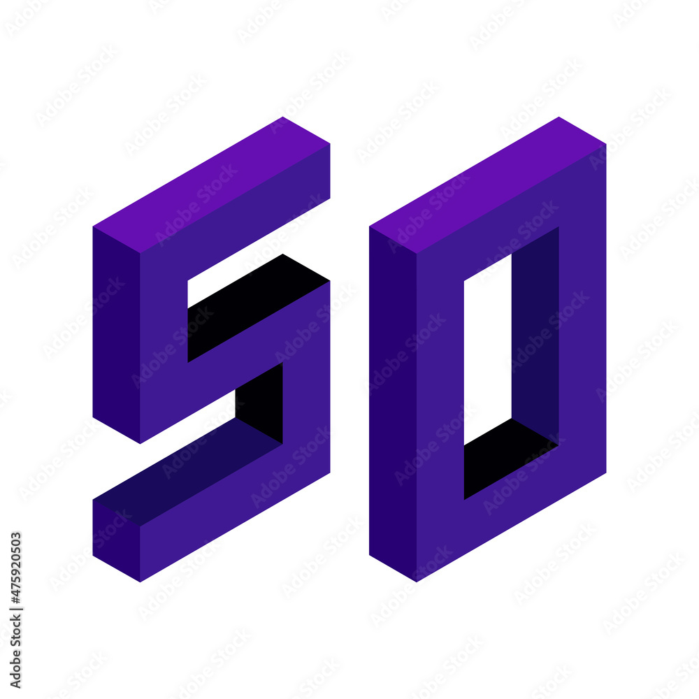 Violet number 50 in isometric style. Isolated on white background. Learning numbers, serial number, price, place.