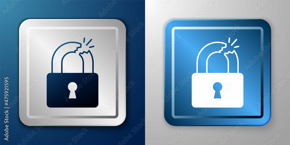 White Broken or cracked lock icon isolated on blue and grey background. Unlock sign. Silver and blue square button. Vector White Broken or cracked lock icon isolated on blue and grey background. Unlock sign. Silver and blue square button. Vector
