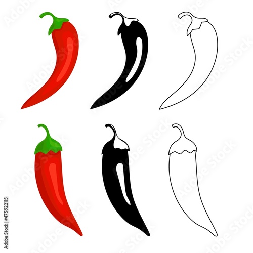 Closeup chilly peppers icons. Red hot chilli pepper, black and outline. Cartoon mexican chilli or chillies illustration. Mexican or asian cuisine signs isolated on white background.