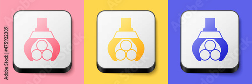 Isometric Grapple crane grabbed a log icon isolated on pink, yellow and blue background. Forest industry. Industrial crane for lumber trunk wood production. Square button. Vector