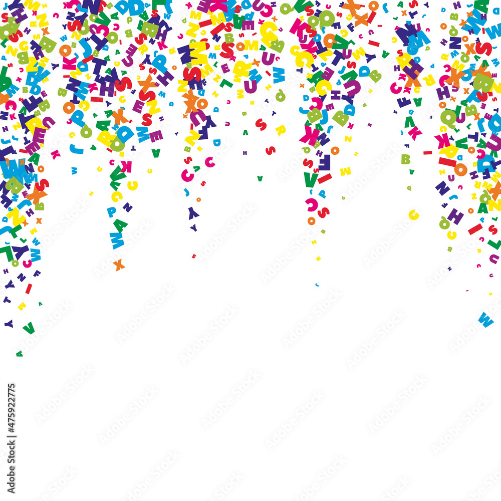 Fototapeta premium Falling letters of English language. Vivid flying words of Latin alphabet. Foreign languages study concept. Unusual back to school banner on white background.