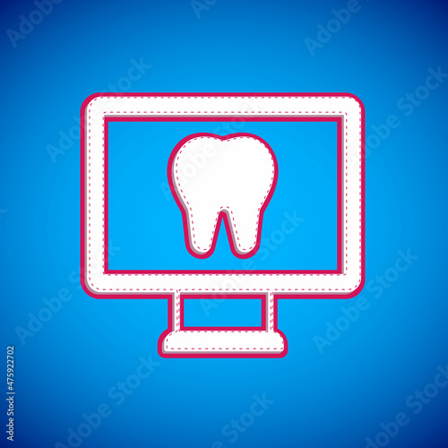 White Online dental care icon isolated on blue background. Dental service information call center. Vector