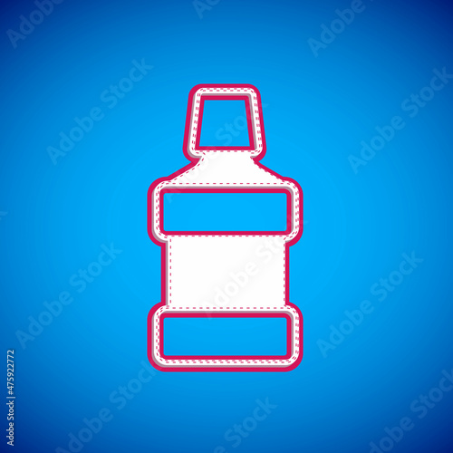 White Mouthwash plastic bottle icon isolated on blue background. Liquid for rinsing mouth. Oralcare equipment. Vector