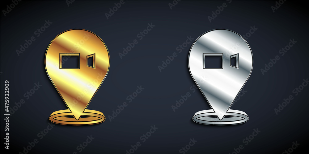 Gold and silver Video chat conference icon isolated on black background. Online meeting work form home. Remote project management. Long shadow style. Vector Gold and silver Video chat conference icon isolated on black background. Online meeting work form home. Remote project management. Long shadow style. Vector