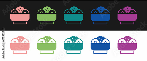 Set Chow mein on plate icon isolated on black and white background. Asian food. Vector