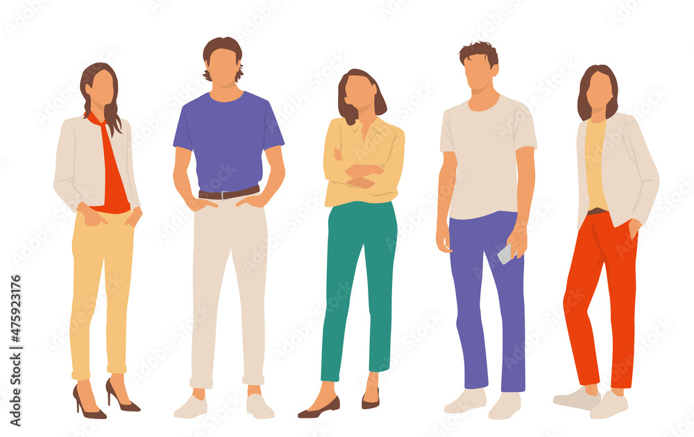 Fototapeta premium Set of young men and women, different colors, cartoon character, group of silhouettes of standing business people, students, the design concept of flat icon, isolated on white background