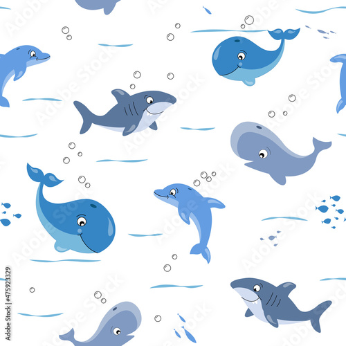 Childish isolated seamless pattern. Underwater ocean illustration. Scandinavian style. Texture for fabric, wrapping, textile, wallpaper, apparel.Kids textile pattern with cute fish.