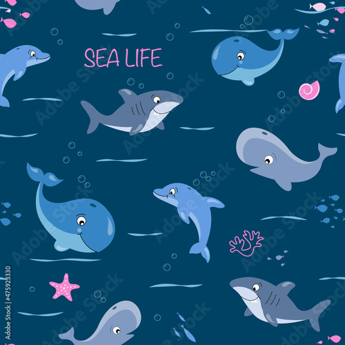 Childish isolated seamless pattern. Underwater ocean illustration. Scandinavian style. Texture for fabric, wrapping, textile, wallpaper, apparel.Kids textile pattern with cute fish.