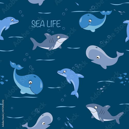 Childish isolated seamless pattern. Underwater ocean illustration. Scandinavian style. Texture for fabric, wrapping, textile, wallpaper, apparel.Kids textile pattern with cute fish.
