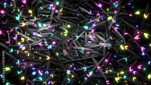 3d render. Neon glow background with sticks like light bulbs lighting in multicolor light. Black sticks.
