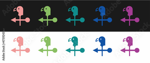 Set Rooster weather vane icon isolated on black and white background. Weathercock sign. Windvane rooster. Vector