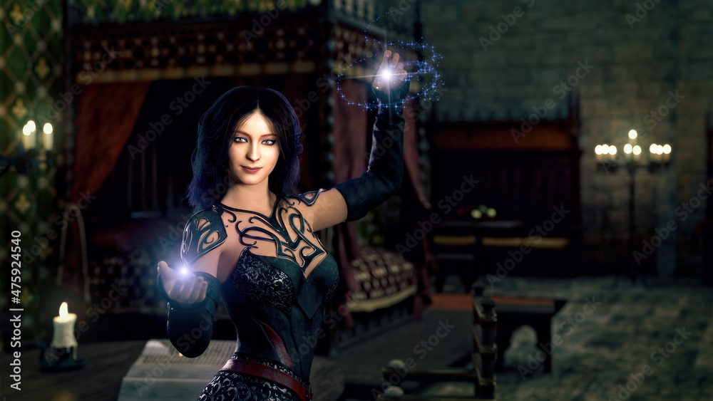 A beautiful sorceress or mage is casting a spell in a fantasy medieval castle bedroom. 3D illustration. A beautiful sorceress or mage is casting a spell in a fantasy medieval castle bedroom. 3D illustration.