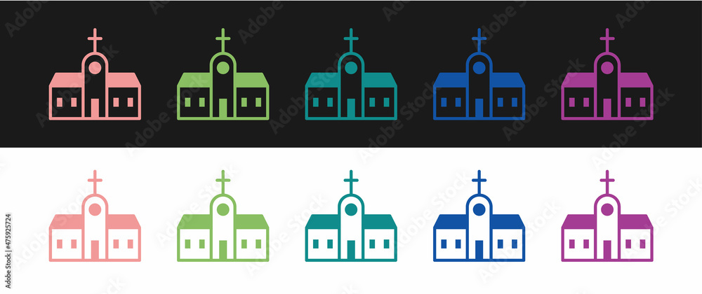 Fototapeta premium Set Church building icon isolated on black and white background. Christian Church. Religion of church. Vector
