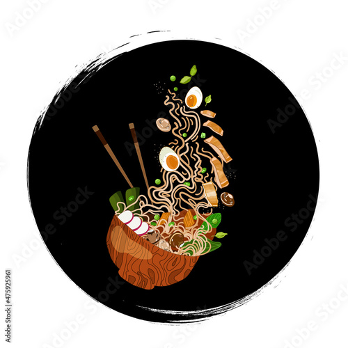 Ramen noodles bowl logo illustration.Vector food illustration hand-drawn in cartoon realistic style.Traditional Asian cuisine,ramen with chicken,egg,mushrooms and vegetables,flying noodles in a bowl