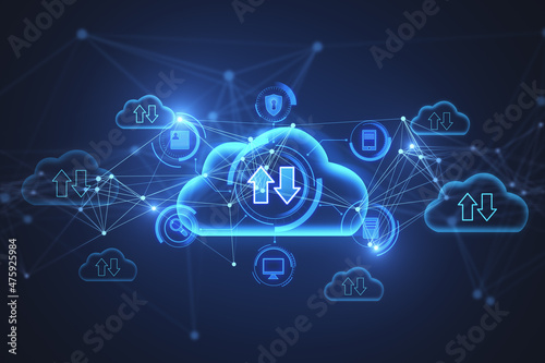 Abstract glowing blue cloud computing hologram with download/upload arrows on blurry background. Database, technology and future concept. 3D Rendering.