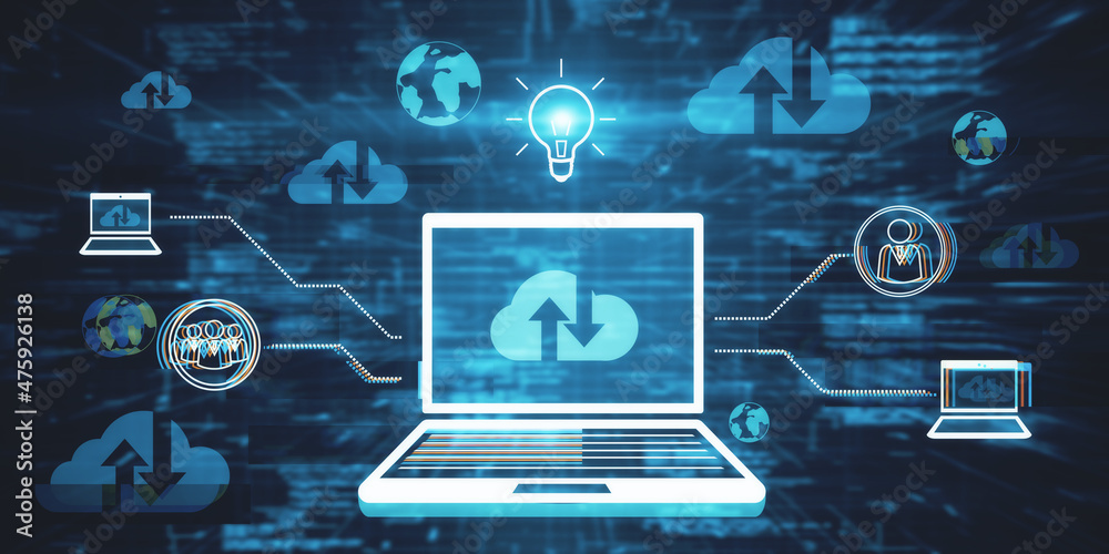 Creative abstract laptop with various icons and digital cloud computing interface on dark backdrop. Database and technology concept. 3D Rendering. Creative abstract laptop with various icons and digital cloud computing interface on dark backdrop. Database and technology concept. 3D Rendering.